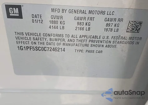 2012 Chevrolet Cruze 1Lt z USA, uszkodzony, nr VIN 1G1PF5SC0C7246214